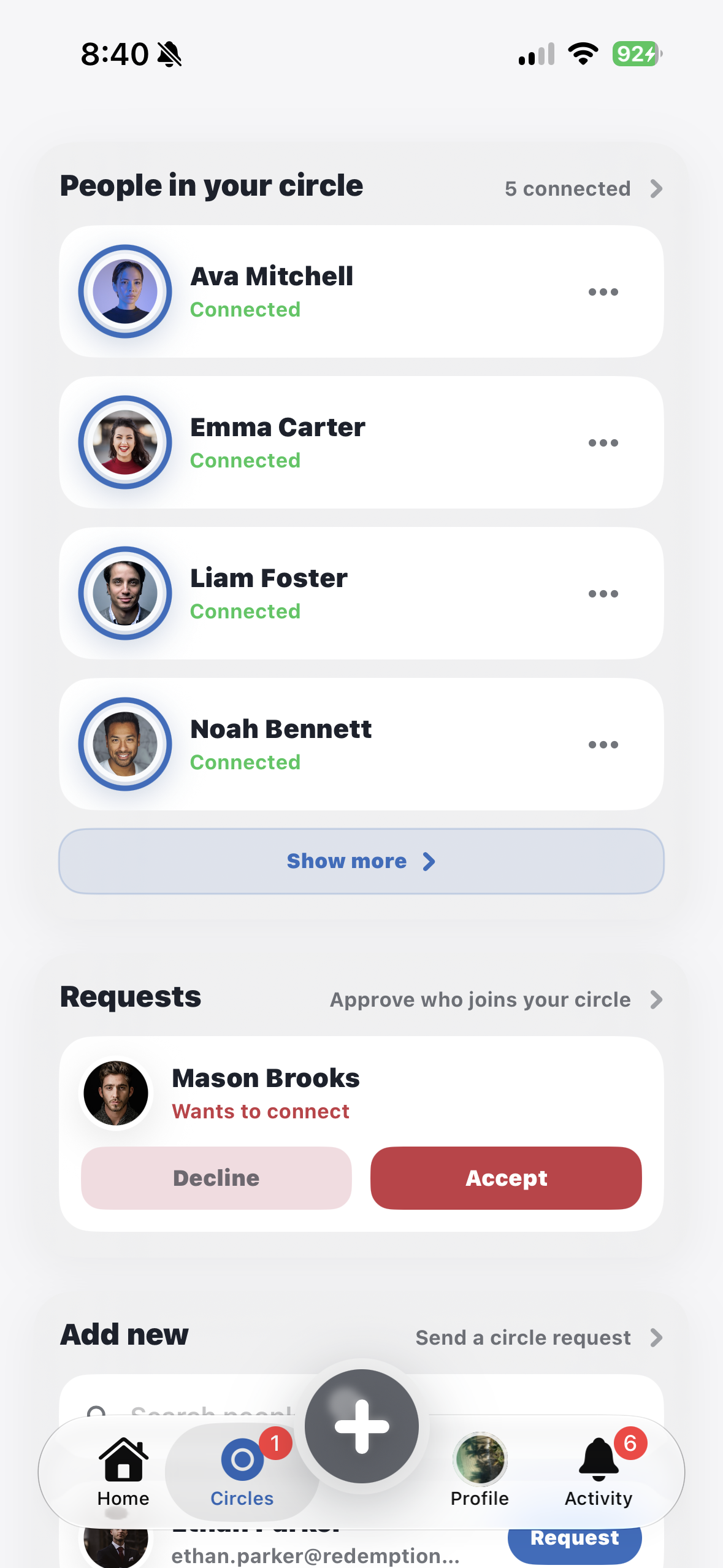 Redemption Circles screen showing connected people