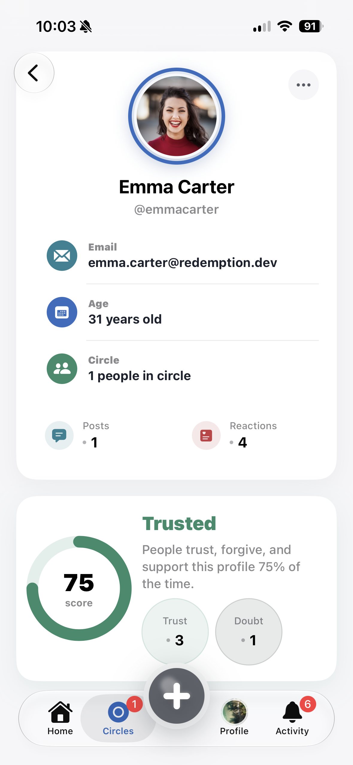 Redemption profile screen with trust score